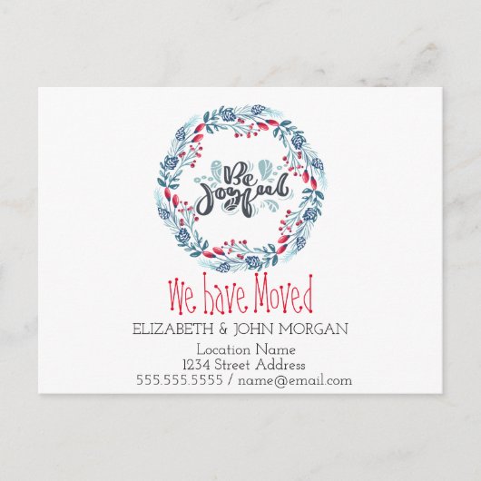 We zijn verhuisd, blauw Wreath, wees blij Aankondigingskaart (Voorkant)