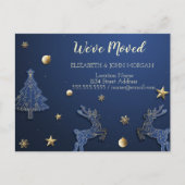 We zijn verhuisd, blauwe kerstboom, rendieren aankondigingskaart (Voorkant)