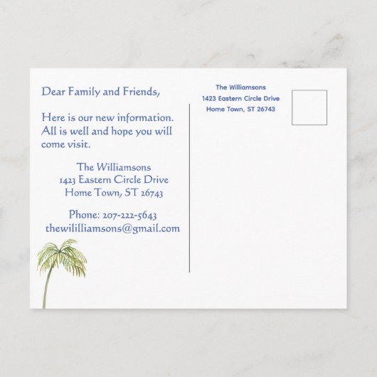 We zijn verhuisd Budget verhuiskaart met strandpal Aankondigingskaart (Achterkant)