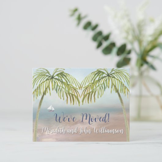 We zijn verhuisd Budget verhuiskaart met strandpal Aankondigingskaart (Staand voorkant)