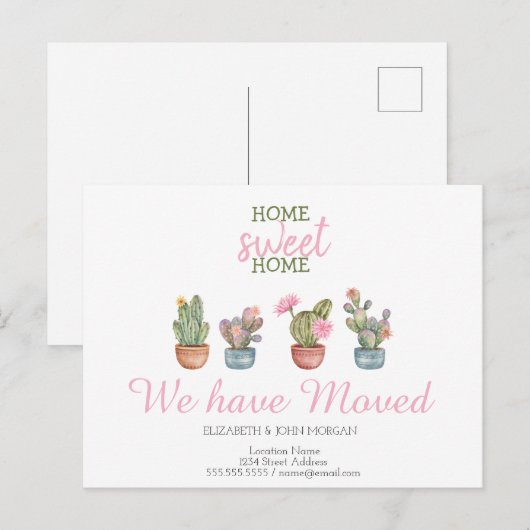 We zijn verhuisd, cactus, thuis lief thuis aankondigingskaart (Voorkant / Achterkant)