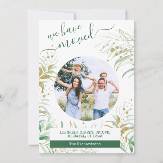We Zijn Verhuisd Elegant Goud Groen Bladwerk Verhu Aankondiging (Voorkant)