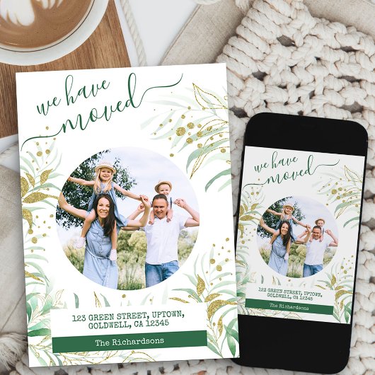 We Zijn Verhuisd Elegant Goud Groen Bladwerk Verhu Aankondiging