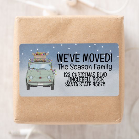 We zijn verhuisd Fiat 500 Kerst Slingerlichtjes Etiket (Insitu)