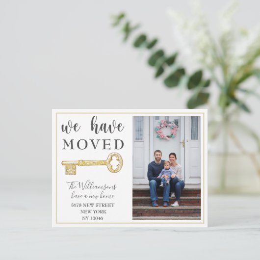 We Zijn Verhuisd Gouden Sleutel Foto Verhuisberich Aankondigingskaart (Staand voorkant)