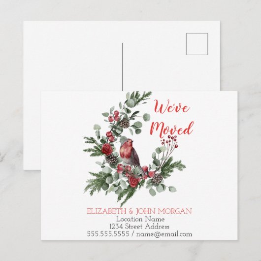 We zijn verhuisd, Holiday Wreath Red Kardinaal Aankondigingskaart (Voorkant / Achterkant)