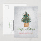 We zijn verhuisd, kerstboom, pijnbomen, sneeuw aankondigingskaart (Voorkant / Achterkant)