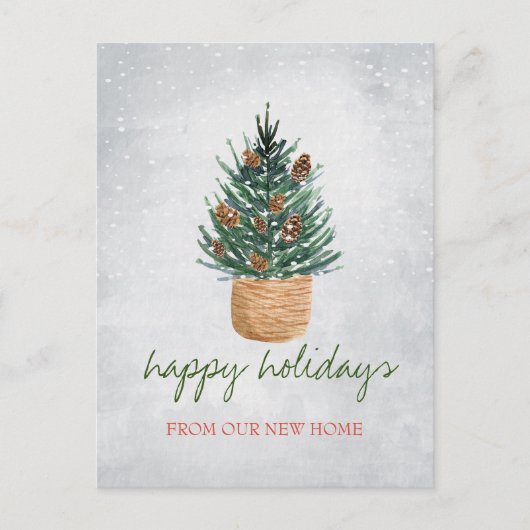 We zijn verhuisd, kerstboom, pijnbomen, sneeuw aankondigingskaart (Voorkant)