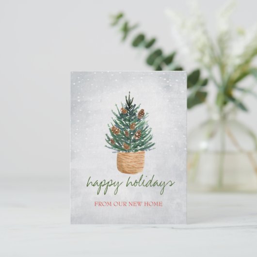 We zijn verhuisd, kerstboom, pijnbomen, sneeuw aankondigingskaart (Staand voorkant)