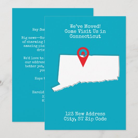 We zijn verhuisd! Kom ons bezoeken in Connecticut Aankondiging (Voorkant / Achterkant)