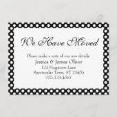 We zijn verhuisd met zwart-witte polka stippen informatiekaartje (Voorkant)
