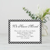 We zijn verhuisd met zwart-witte polka stippen informatiekaartje (Staand voorkant)