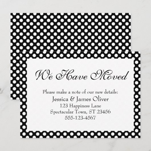 We zijn verhuisd met zwart-witte polka stippen informatiekaartje (Voorkant / Achterkant)