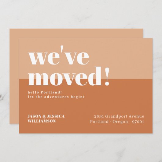 We zijn verhuisd. Minimaal Oranje- en peach-standa Aankondiging (Voorkant / Achterkant)