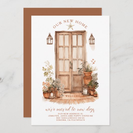 We zijn verhuisd naar een aardse waterverfdeur ing aankondiging (Voorkant / Achterkant)