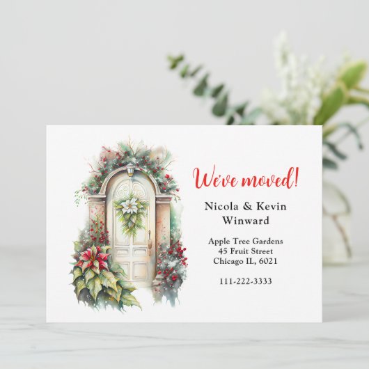 We zijn verhuisd naar Holiday Christmas Poinsettia Aankondiging (Staand voorkant)