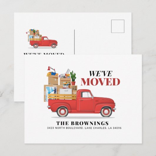 We zijn verhuisd naar Rustic Red Truck Verhuizen N Aankondigingskaart (Voorkant / Achterkant)