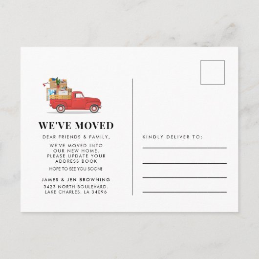 We zijn verhuisd naar Rustic Red Truck Verhuizen N Aankondigingskaart (Achterkant)