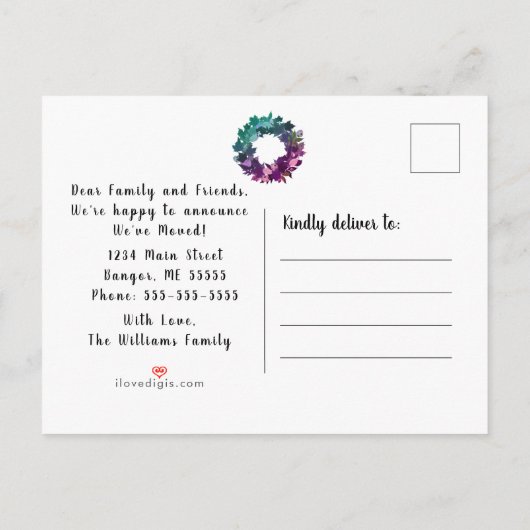 We zijn verhuisd Rustic Krans Teal Paars Verhuisbe Aankondigingskaart (Achterkant)