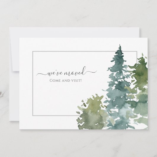 We zijn verhuisd Rustic Watercolor Evergreen Aankondiging (Voorkant)