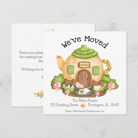 We zijn verhuisd! Schattige theepot huis met katte Aankondiging (Voorkant / Achterkant)