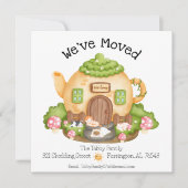 We zijn verhuisd! Schattige theepot huis met katte Aankondiging (Voorkant)