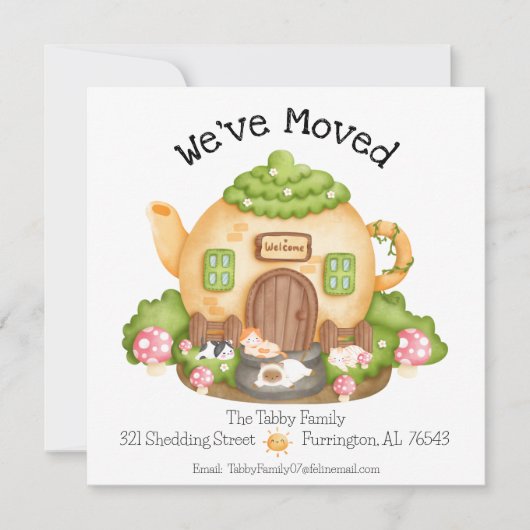 We zijn verhuisd! Schattige theepot huis met katte Aankondiging (Voorkant)