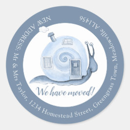 We zijn verhuisd slakkenhuis blauw adreswijziging ronde sticker