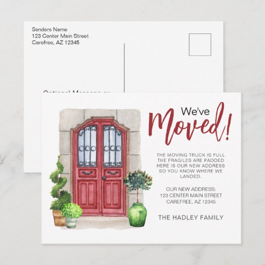 We zijn verhuisd Waterverf Rode Deur Aankondigingskaart (Voorkant / Achterkant)
