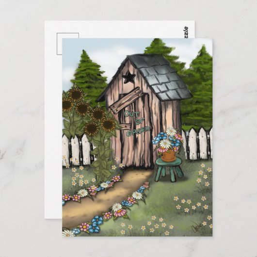 We zijn verhuisd. Whimsical Outhouse Briefkaart (Voorkant / Achterkant)