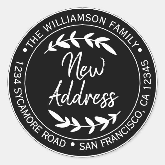 We zijn verhuisd Zwart adreslabel Ronde Sticker (Voorkant)