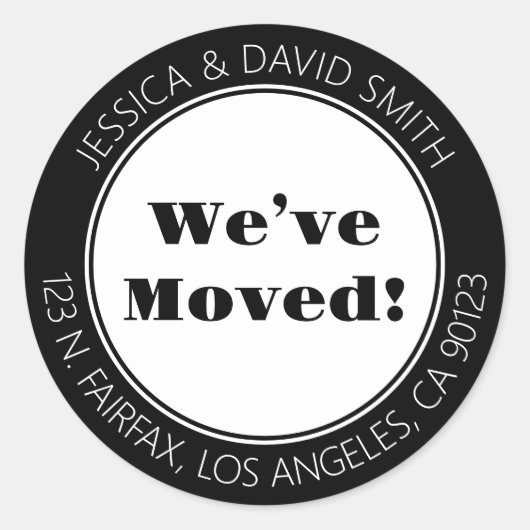 We Zijn Verhuisd! | Zwarte & Witte Retouradresstic Ronde Sticker (Voorkant)