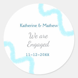 We zijn verloofd blauw grijze aquarel spiraal stij ronde sticker