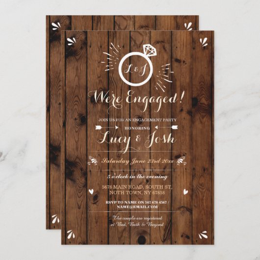 We zijn verloofd hout rustieke ring schets uitnodi kaart (Voorkant / Achterkant)