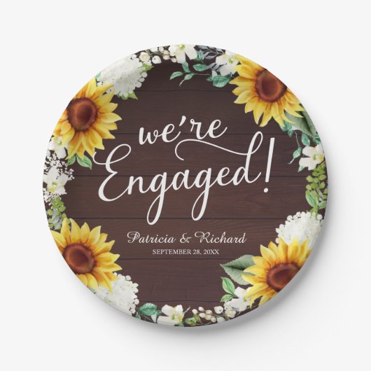 We zijn verloofd Rustic Sunflowers Verloving Feest Papieren Bordje (Voorkant)