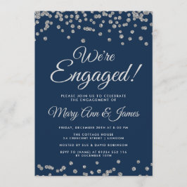 We zijn verloofd! Silver Glitter Confetti Navy Blu Kaart