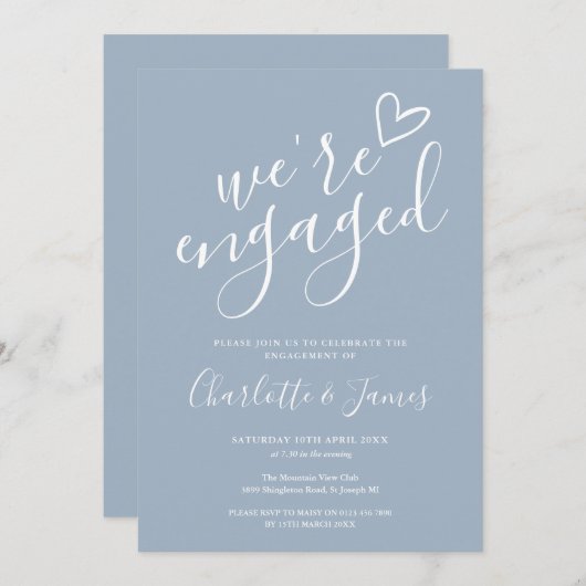 We zijn verloofd Verlovingsfeest Stofblauw Kaart (Voorkant / Achterkant)