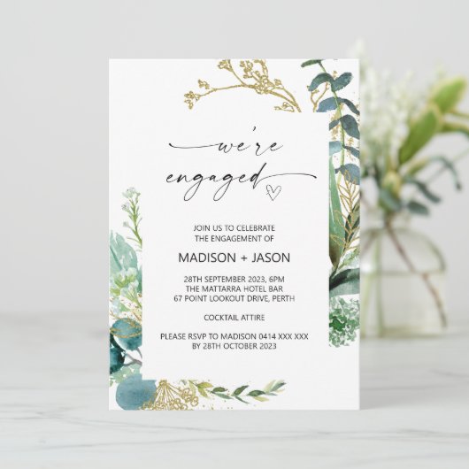 We zijn verlovingsfeest groen en goud kaart (Staand voorkant)