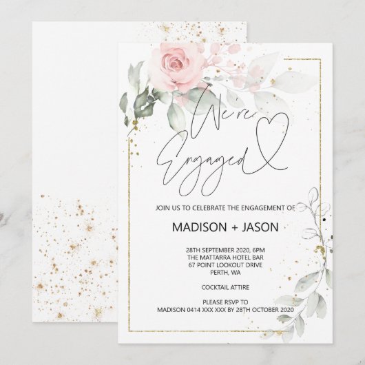 We zijn verlovingsfeest Pink Floral Gold Kaart (Voorkant / Achterkant)