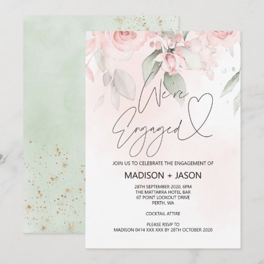 We zijn verlovingsfeest Pink Floral Gold Kaart (Voorkant / Achterkant)