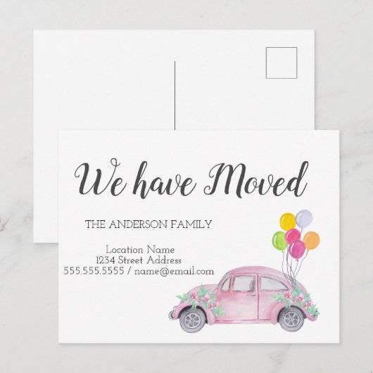 We zijn verplaatst, autoballonnen, nieuw adres aankondigingskaart (Voorkant / Achterkant)