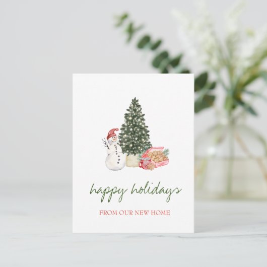 We zijn verplaatst, pine Tree, Snowman, Cookies Aankondigingskaart (Staand voorkant)