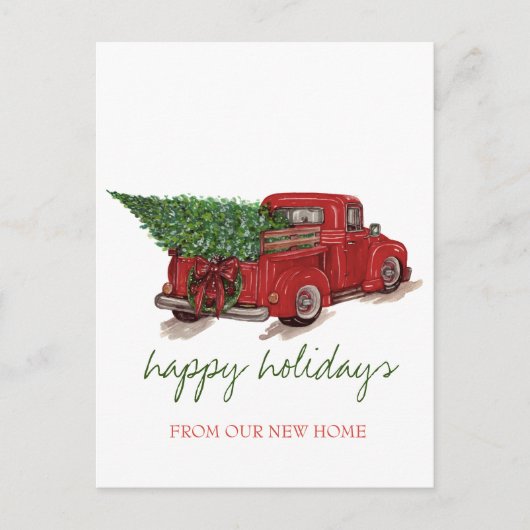 We zijn verplaatst, Red Truck, Pine Tree Holiday Aankondigingskaart (Voorkant)