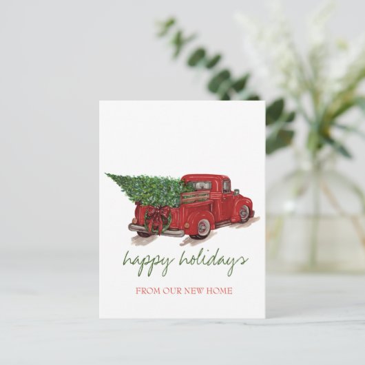 We zijn verplaatst, Red Truck, Pine Tree Holiday Aankondigingskaart (Staand voorkant)