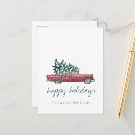 We zijn verplaatst, Retro Car, kerstboom Aankondigingskaart (Voorkant / Achterkant in situ)