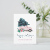 We zijn verplaatst, roze auto, kerstboom aankondigingskaart (Staand voorkant)