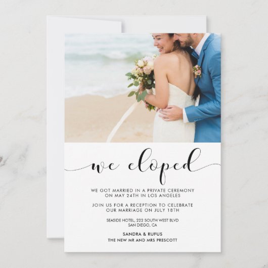 We zijn weggelopen Elegante zwart-wit fotoaankondi Kaart (Voorkant)