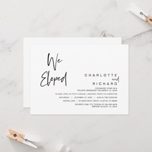 We zijn weggelopen, Huwelijksvlucht Feest Viering Kaart (Voorkant / Achterkant in situ)