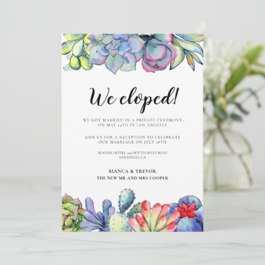 We zijn weggelopen! sappige cactus trouwkaart kaart (Staand voorkant)