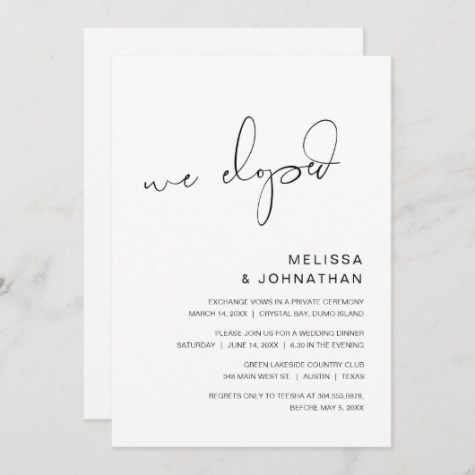 We zijn weggelopen, Trouw Elopement Feest Kaart (Voorkant / Achterkant)